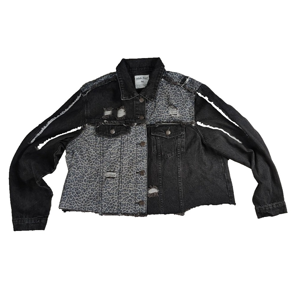 White Birch Jean Jacket Medium M Womens Denim‎ Cropped Distressed Black Leopard